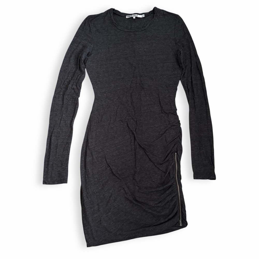 Pam & Gela Heather Gray Asymmetrical Ruched Long Sleeve Bodycon Dress Sz Medium